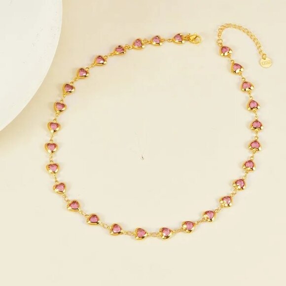 Womens Pink Crystal Heart Gold Plated Choker Necklace 16 to 18 Inch New - Picture 3 of 3